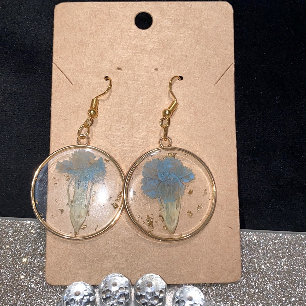 Blue real flowers Teardrop Earrings on 14k Gold Filled Wires, Handmade in USA